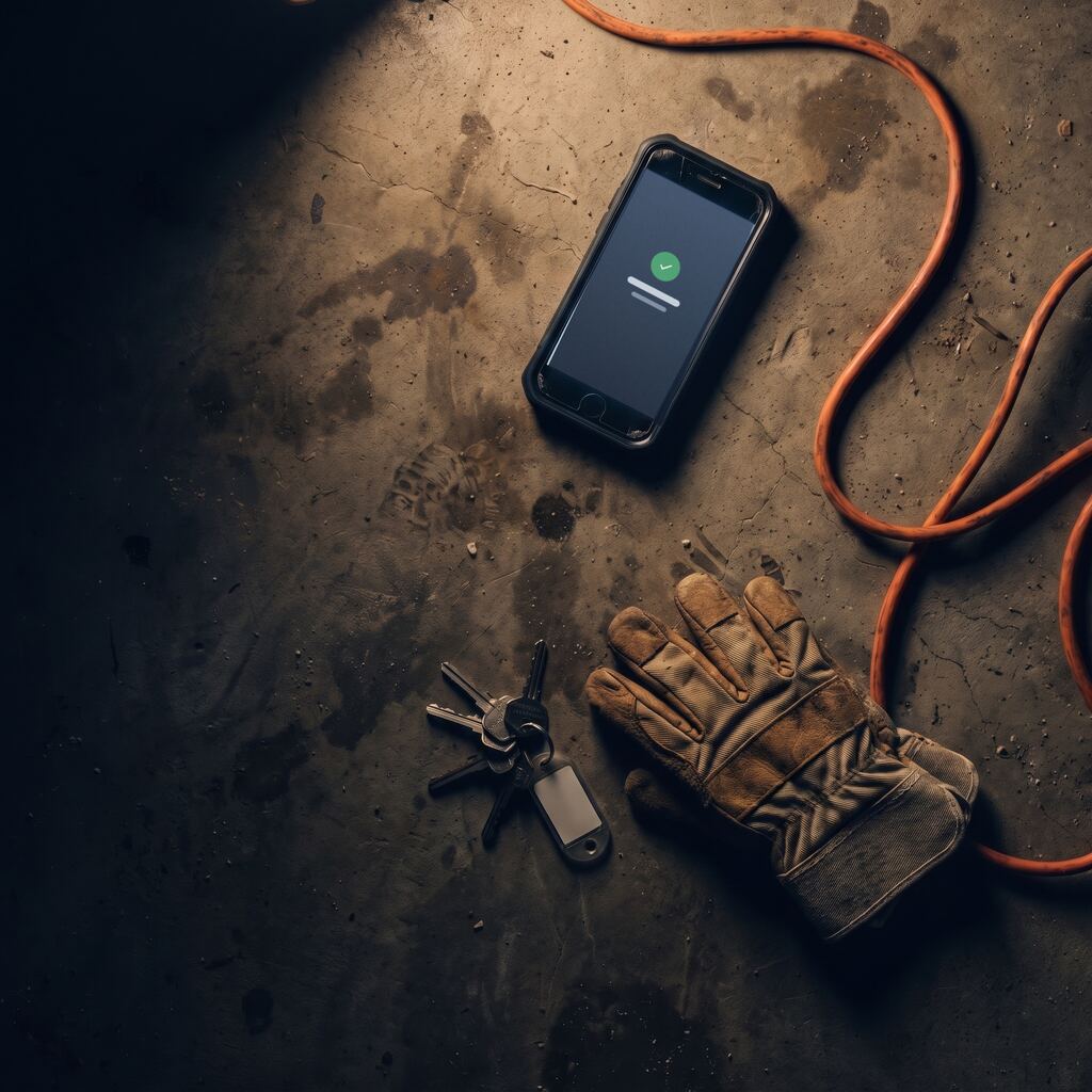 Night photograph: a phone showing a finished call, set down beside work gloves and a set of keys on cracked concrete, an orange extension cord curling past under one work lamp.