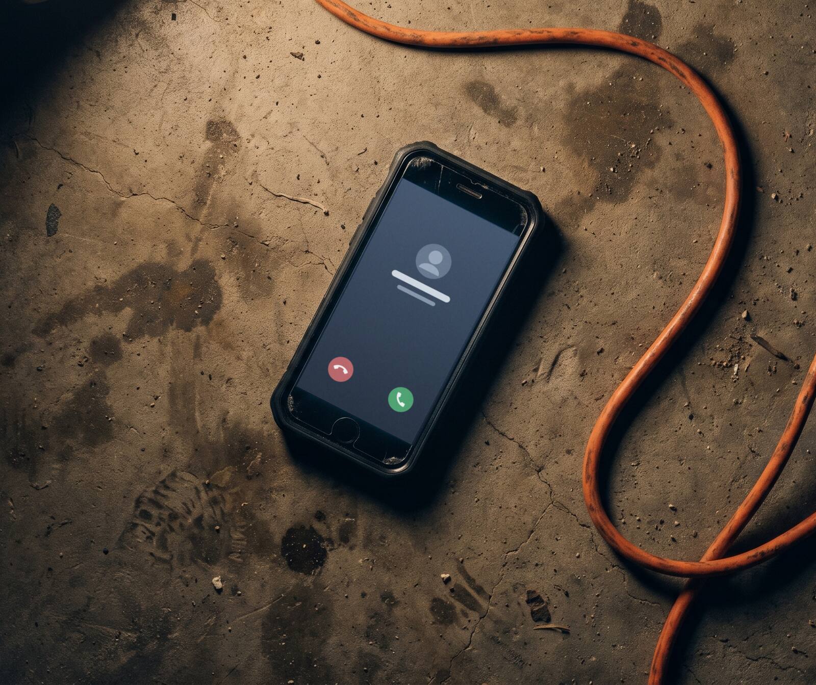 Top-down night photograph: a phone ringing with an incoming call on stained workshop concrete, an orange extension cord curling past it under a single work light.